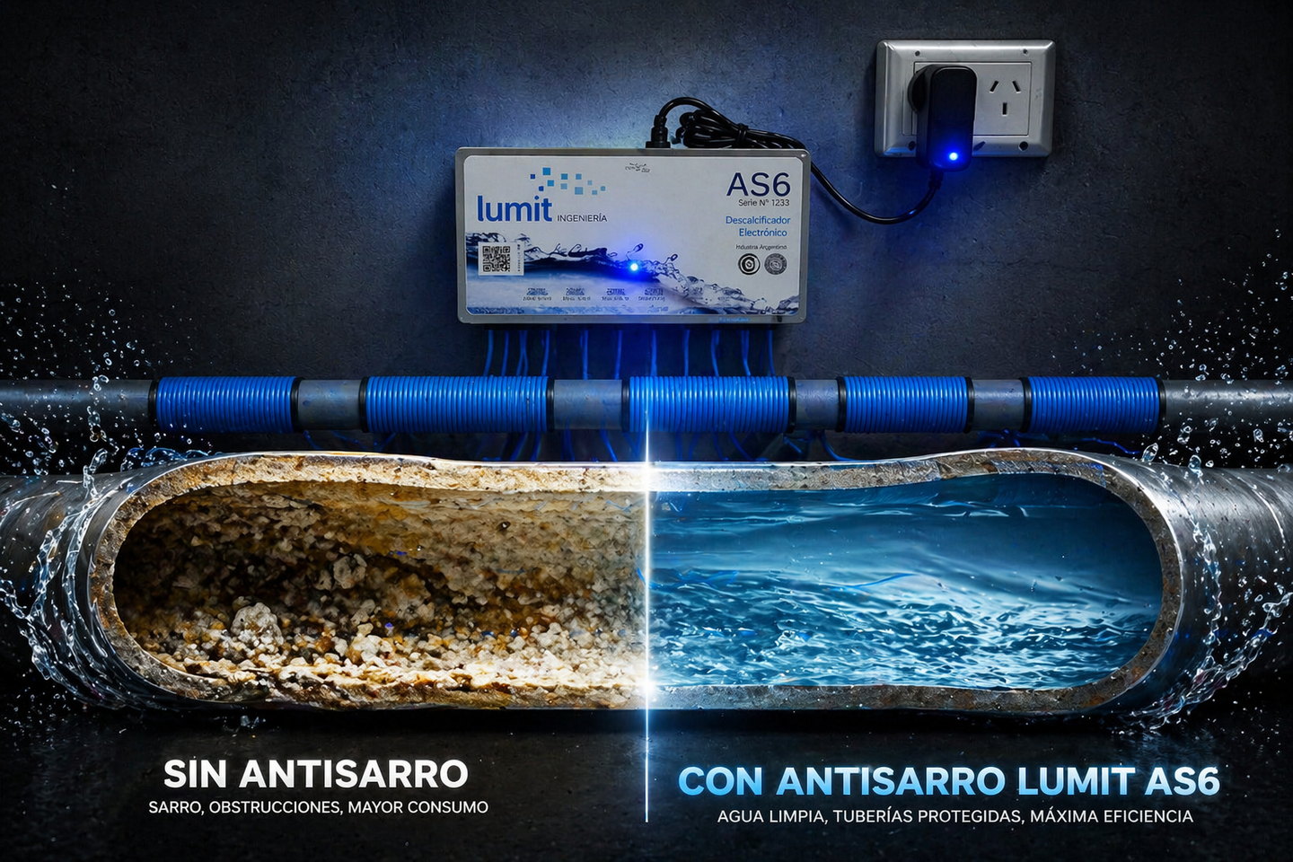 Lumit AS6 — antes y después del sarro en cañerías